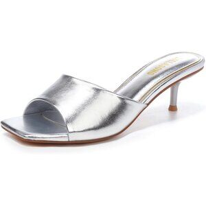 Lullasong Kitten Heel Silver Faux Leather Women's Sandals Slides Square Open Toe